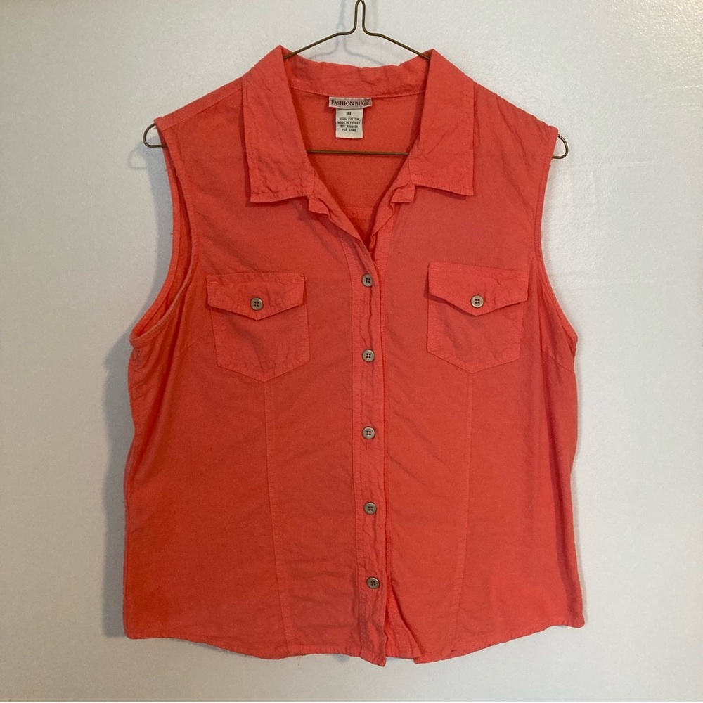 coral/orange sleeveless casual blouse, button front, pockets, size medium